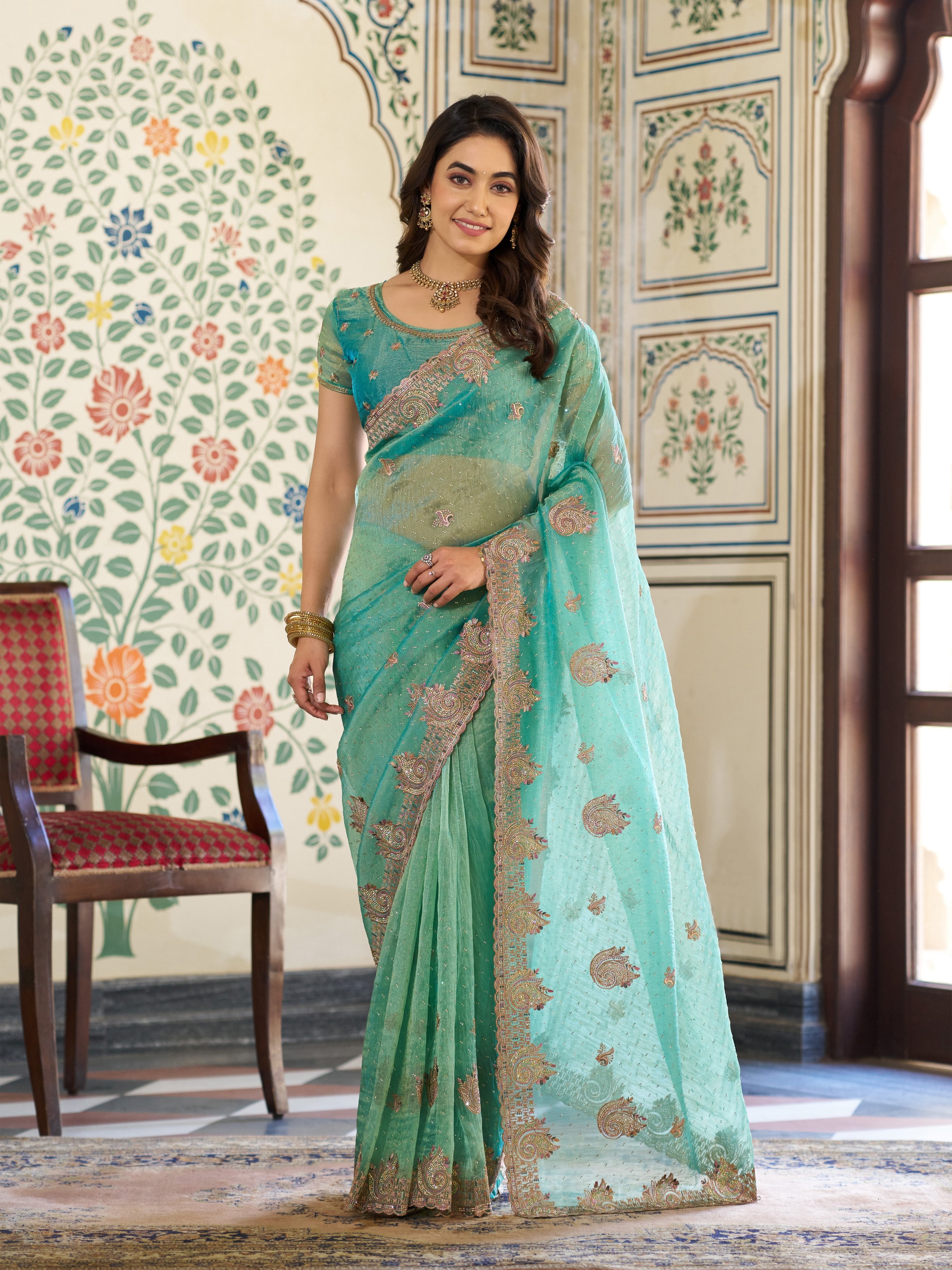 Aqua Green Fendy Satin Embroidered Saree with Paisley Motifs & Zari Border | Designer Festive Saree with Tassels & Heavy Embroidered Blouse