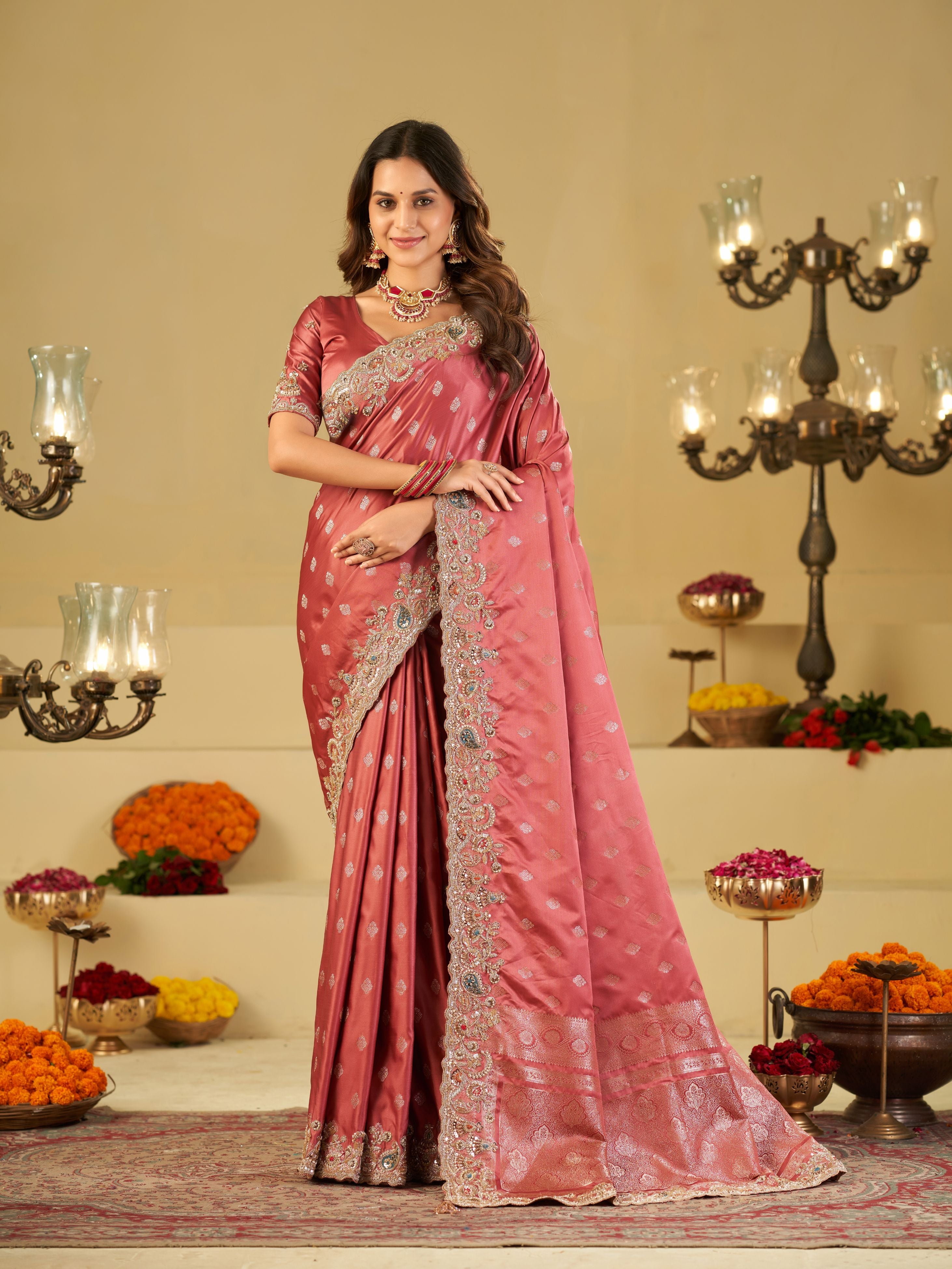 Dusty Rose Banarasi Silk Saree with Heavy Embroidered Border & Rich Zari Woven Pallu | Designer Wedding & Festive Saree