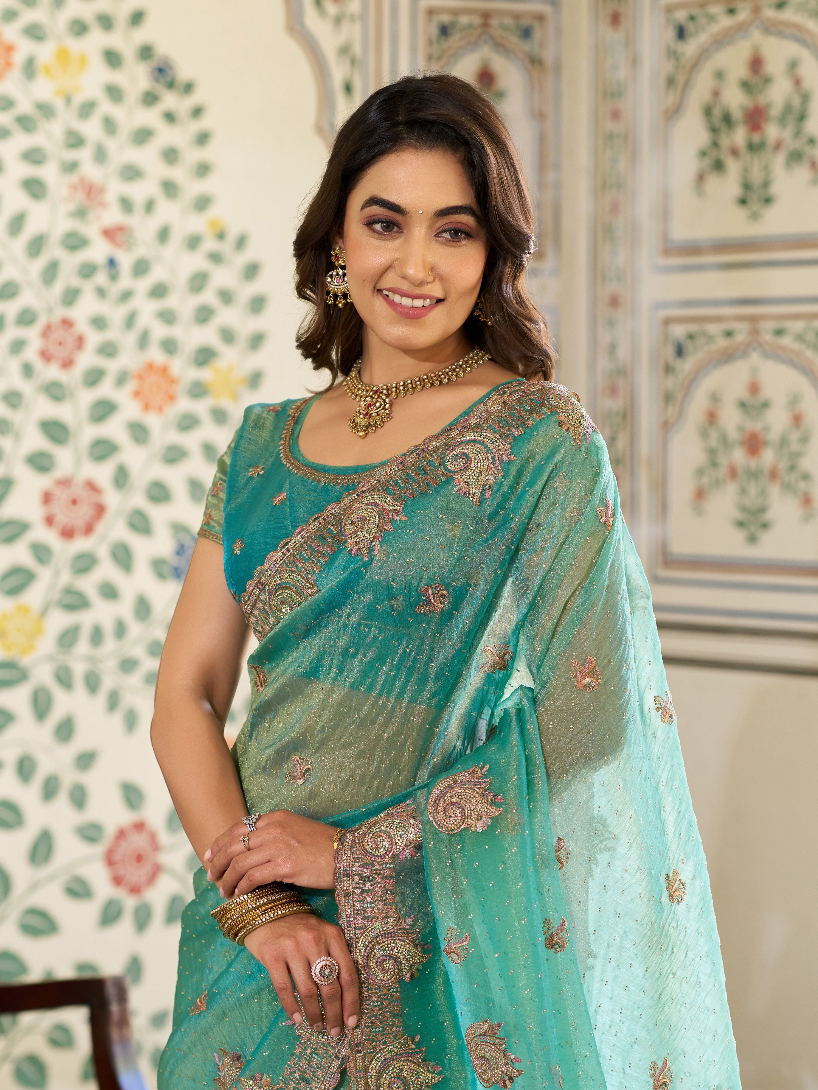 Aqua Green Fendy Satin Embroidered Saree with Paisley Motifs & Zari Border | Designer Festive Saree with Tassels & Heavy Embroidered Blouse