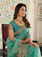 Aqua Green Fendy Satin Embroidered Saree with Paisley Motifs & Zari Border | Designer Festive Saree with Tassels & Heavy Embroidered Blouse
