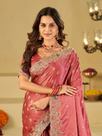 Dusty Rose Banarasi Silk Saree with Heavy Embroidered Border & Rich Zari Woven Pallu | Designer Wedding & Festive Saree