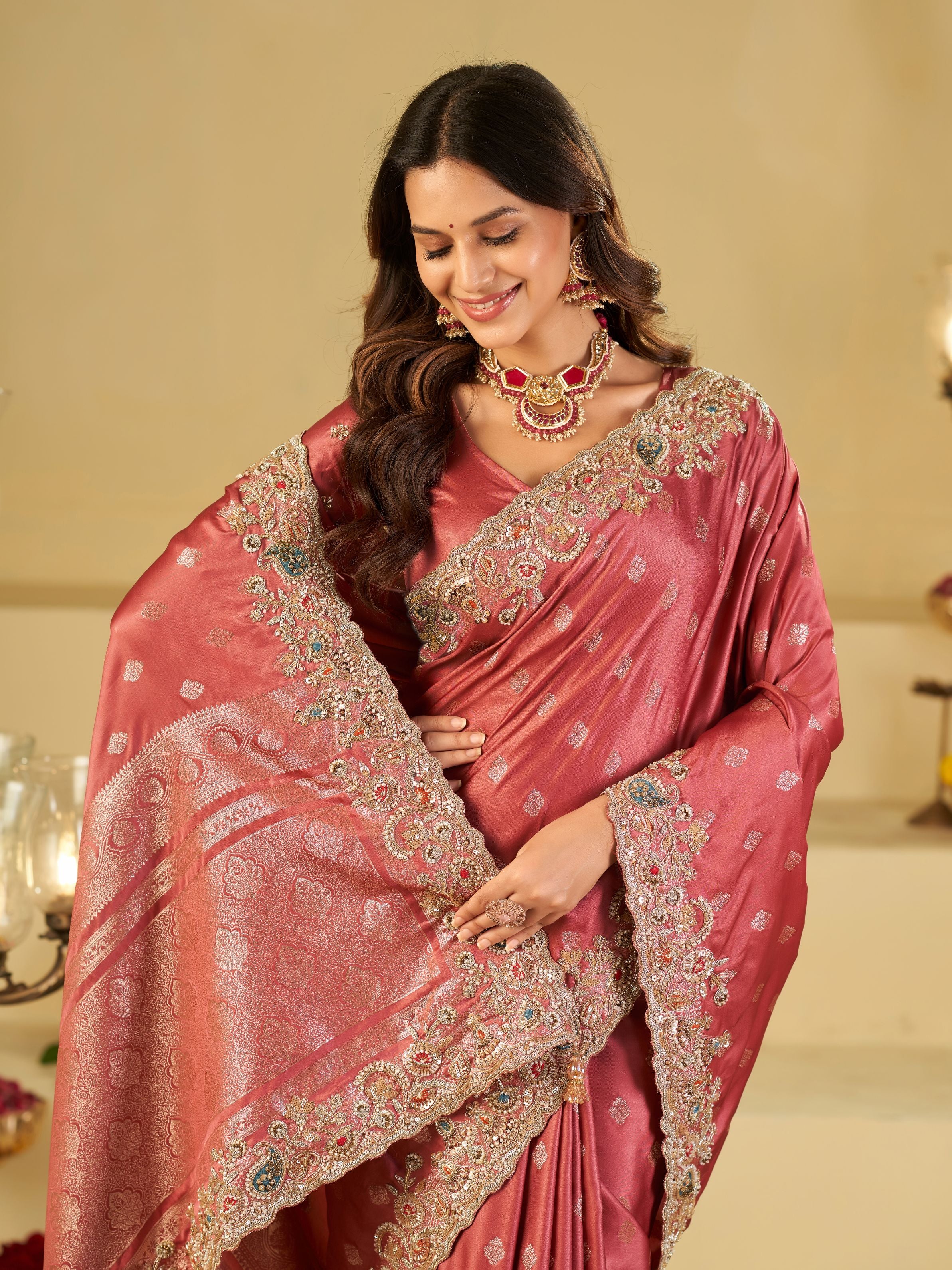 Dusty Rose Banarasi Silk Saree with Heavy Embroidered Border & Rich Zari Woven Pallu | Designer Wedding & Festive Saree