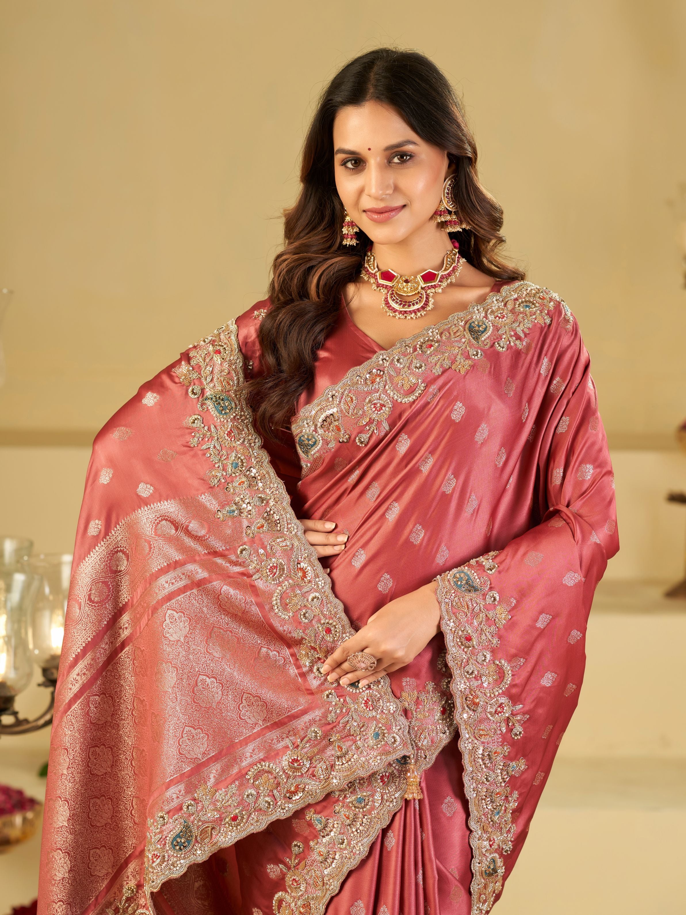 Dusty Rose Banarasi Silk Saree with Heavy Embroidered Border & Rich Zari Woven Pallu | Designer Wedding & Festive Saree