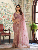 Blush Pink Fendy Satin Embroidered Saree with Paisley Motifs & Zari Border | Designer Festive Saree with Tassels & Heavy Embroidered Blouse