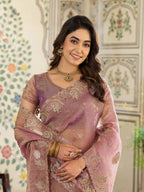 Blush Pink Fendy Satin Embroidered Saree with Paisley Motifs & Zari Border | Designer Festive Saree with Tassels & Heavy Embroidered Blouse