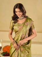Olive Green Designer Fendy Satin Saree with Embroidered Leaf Motifs & Elegant Lace Border | Premium Festive Party Wear Saree with Matching Blouse