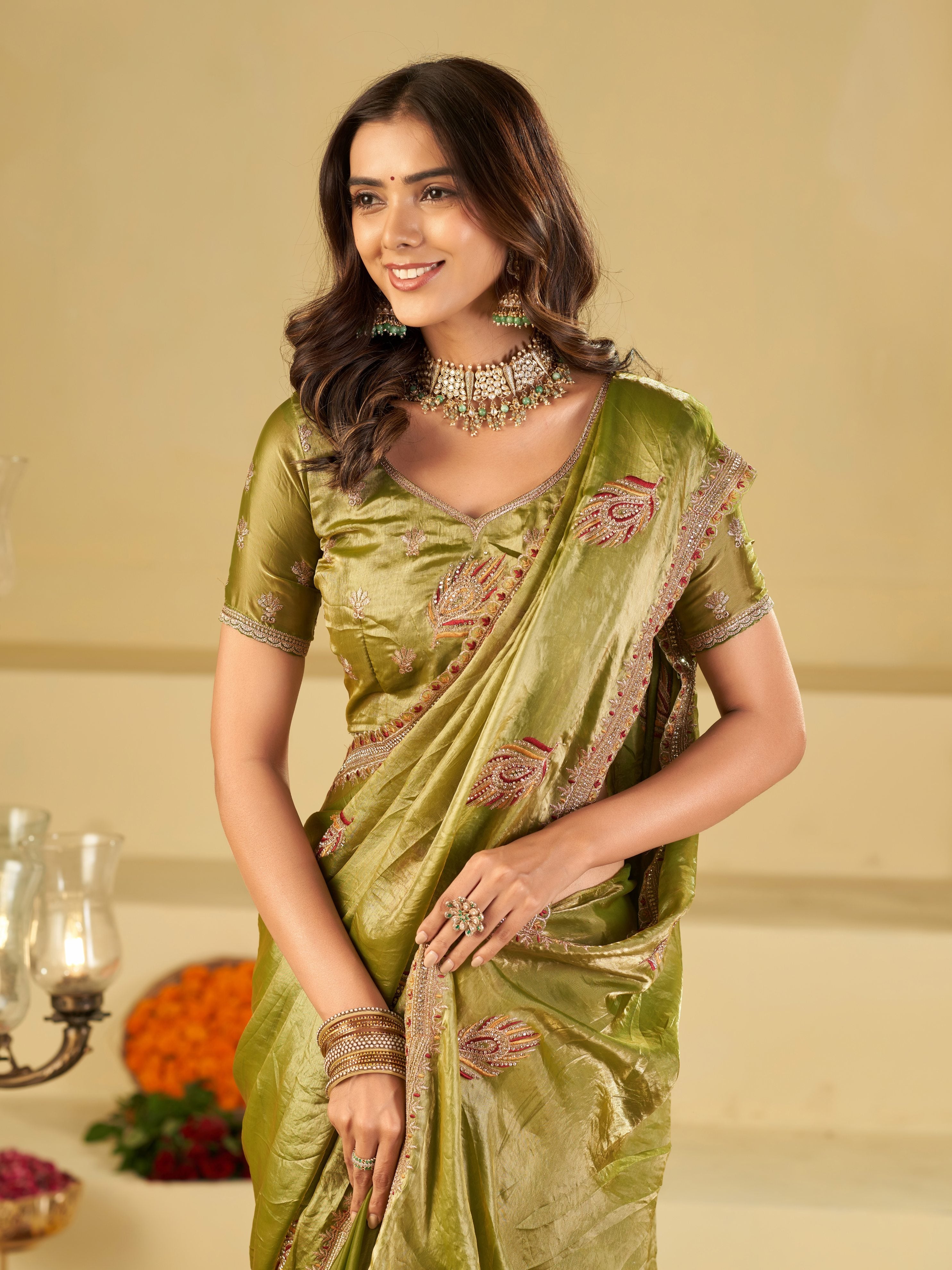 Olive Green Designer Fendy Satin Saree with Embroidered Leaf Motifs & Elegant Lace Border | Premium Festive Party Wear Saree with Matching Blouse