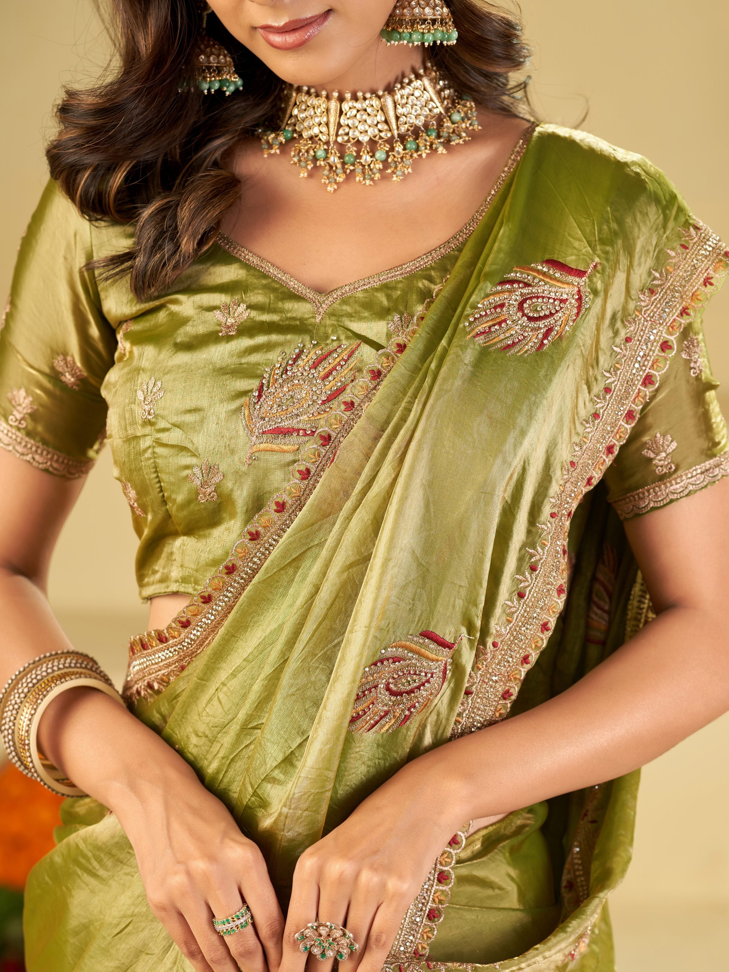 Olive Green Designer Fendy Satin Saree with Embroidered Leaf Motifs & Elegant Lace Border | Premium Festive Party Wear Saree with Matching Blouse