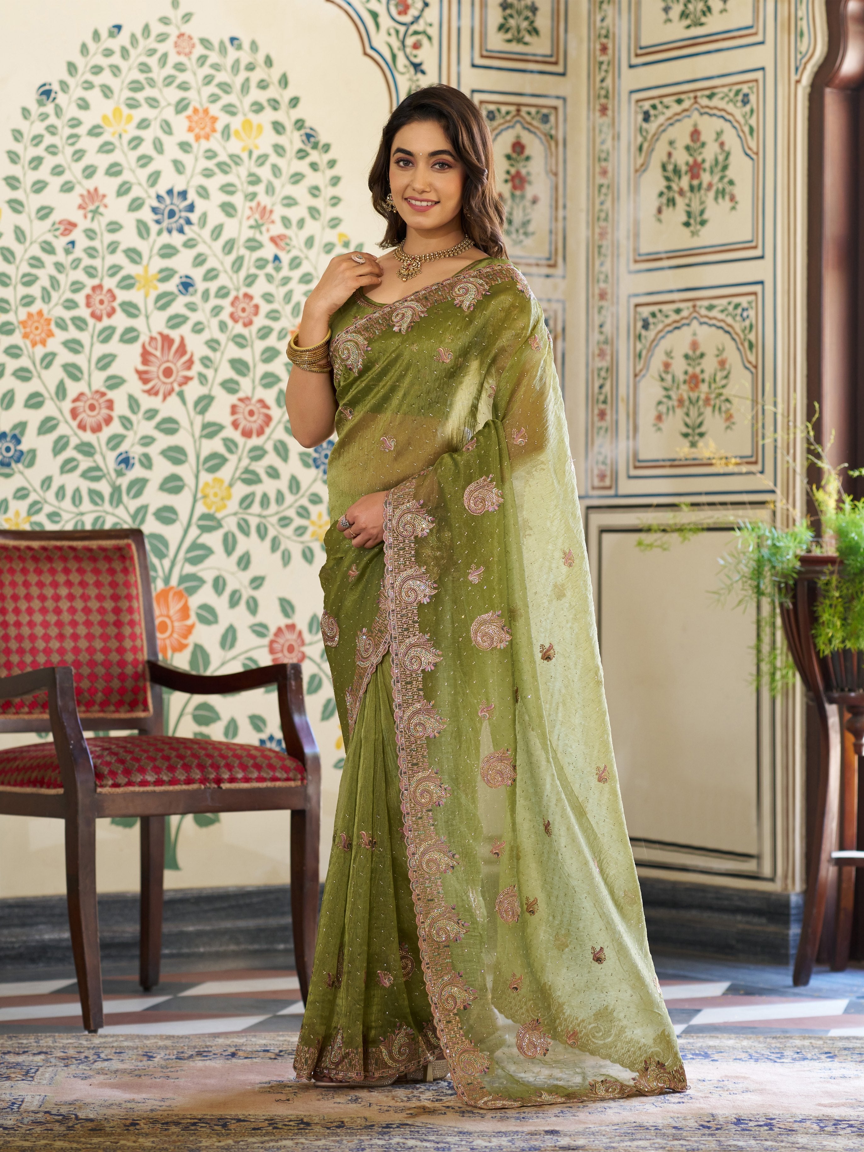 Olive Green Fendy Satin Embroidered Saree with Paisley Motifs & Zari Border | Designer Festive Saree with Tassels & Heavy Embroidered Blouse