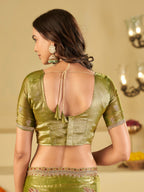 Olive Green Designer Fendy Satin Saree with Embroidered Leaf Motifs & Elegant Lace Border | Premium Festive Party Wear Saree with Matching Blouse