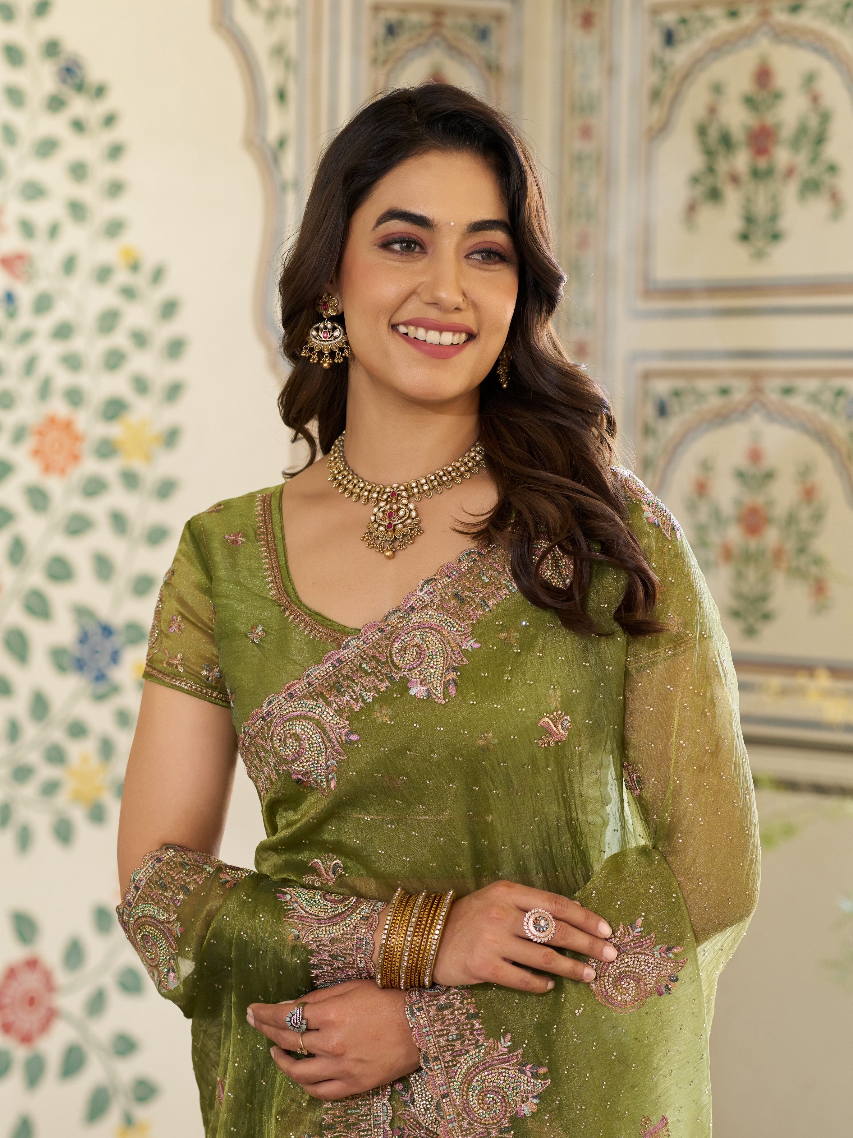 Olive Green Fendy Satin Embroidered Saree with Paisley Motifs & Zari Border | Designer Festive Saree with Tassels & Heavy Embroidered Blouse