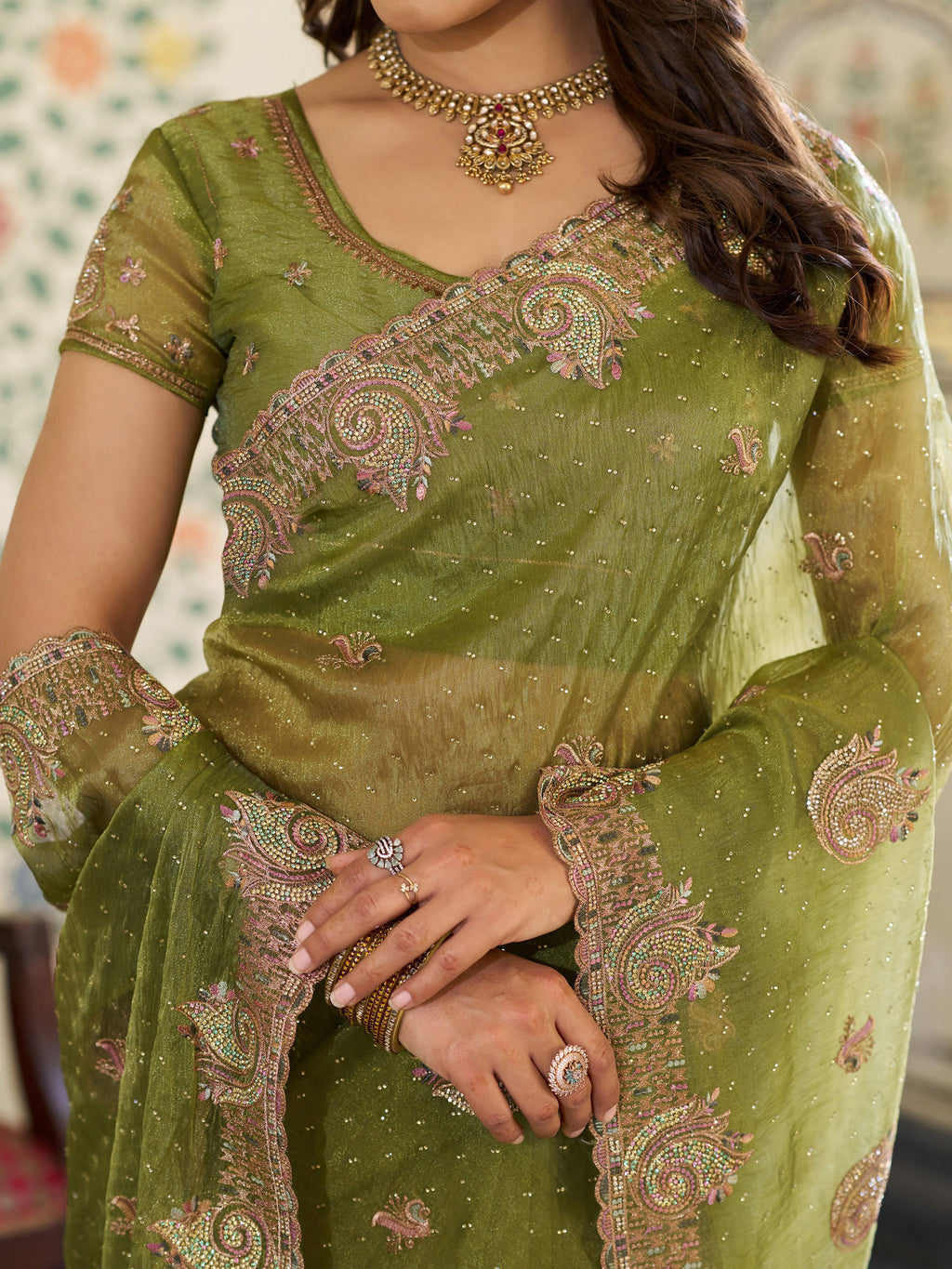 Olive Green Fendy Satin Embroidered Saree with Paisley Motifs & Zari Border | Designer Festive Saree with Tassels & Heavy Embroidered Blouse