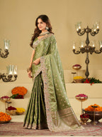 Pista Green Banarasi Silk Saree with Heavy Embroidered Border & Rich Zari Woven Pallu | Designer Festive Wedding Saree