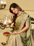 Pista Green Banarasi Silk Saree with Heavy Embroidered Border & Rich Zari Woven Pallu | Designer Festive Wedding Saree
