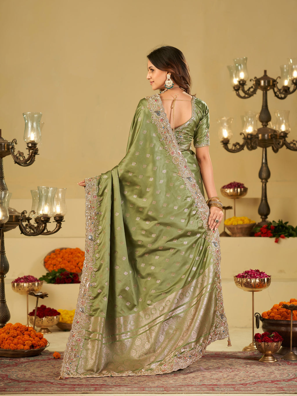 Pista Green Banarasi Silk Saree with Heavy Embroidered Border & Rich Zari Woven Pallu | Designer Festive Wedding Saree