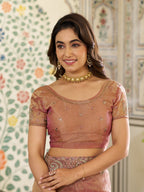 Dusty Rose Pink Fendy Satin Embroidered Saree with Paisley Motifs & Zari Border | Designer Festive Saree with Tassels & Heavy Embroidered Blouse