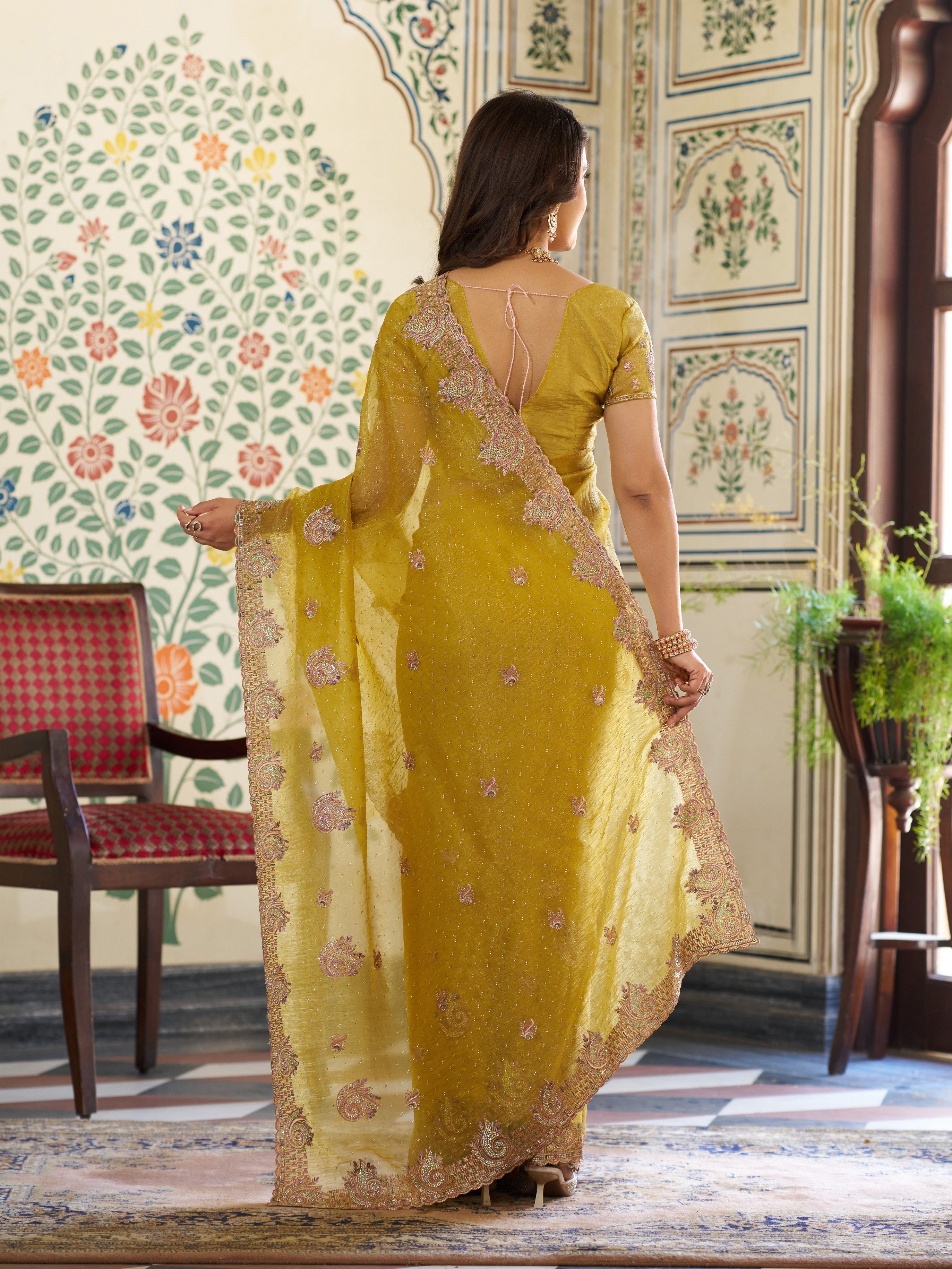 Mustard Yellow Fendy Satin Embroidered Saree with Paisley Motifs & Zari Border | Festive Designer Saree with Tassels & Heavy Embroidered Blouse