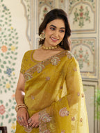 Mustard Yellow Fendy Satin Embroidered Saree with Paisley Motifs & Zari Border | Festive Designer Saree with Tassels & Heavy Embroidered Blouse