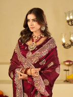 Wine Designer Fendy Satin Saree with Heavy Zari Embroidery Work | Premium Party Wear Wedding Saree with Embroidered Border & Blouse