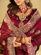 Wine Designer Fendy Satin Saree with Heavy Zari Embroidery Work | Premium Party Wear Wedding Saree with Embroidered Border & Blouse