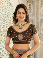 Olive Green Fendy Satin Designer Embroidered Saree with Floral & Paisley Motifs | Premium Festive Saree with Zari Border, Tassels & Heavy Embroidered Blouse