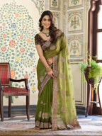 Olive Green Fendy Satin Designer Embroidered Saree with Floral & Paisley Motifs | Premium Festive Saree with Zari Border, Tassels & Heavy Embroidered Blouse