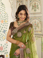 Olive Green Fendy Satin Designer Embroidered Saree with Floral & Paisley Motifs | Premium Festive Saree with Zari Border, Tassels & Heavy Embroidered Blouse