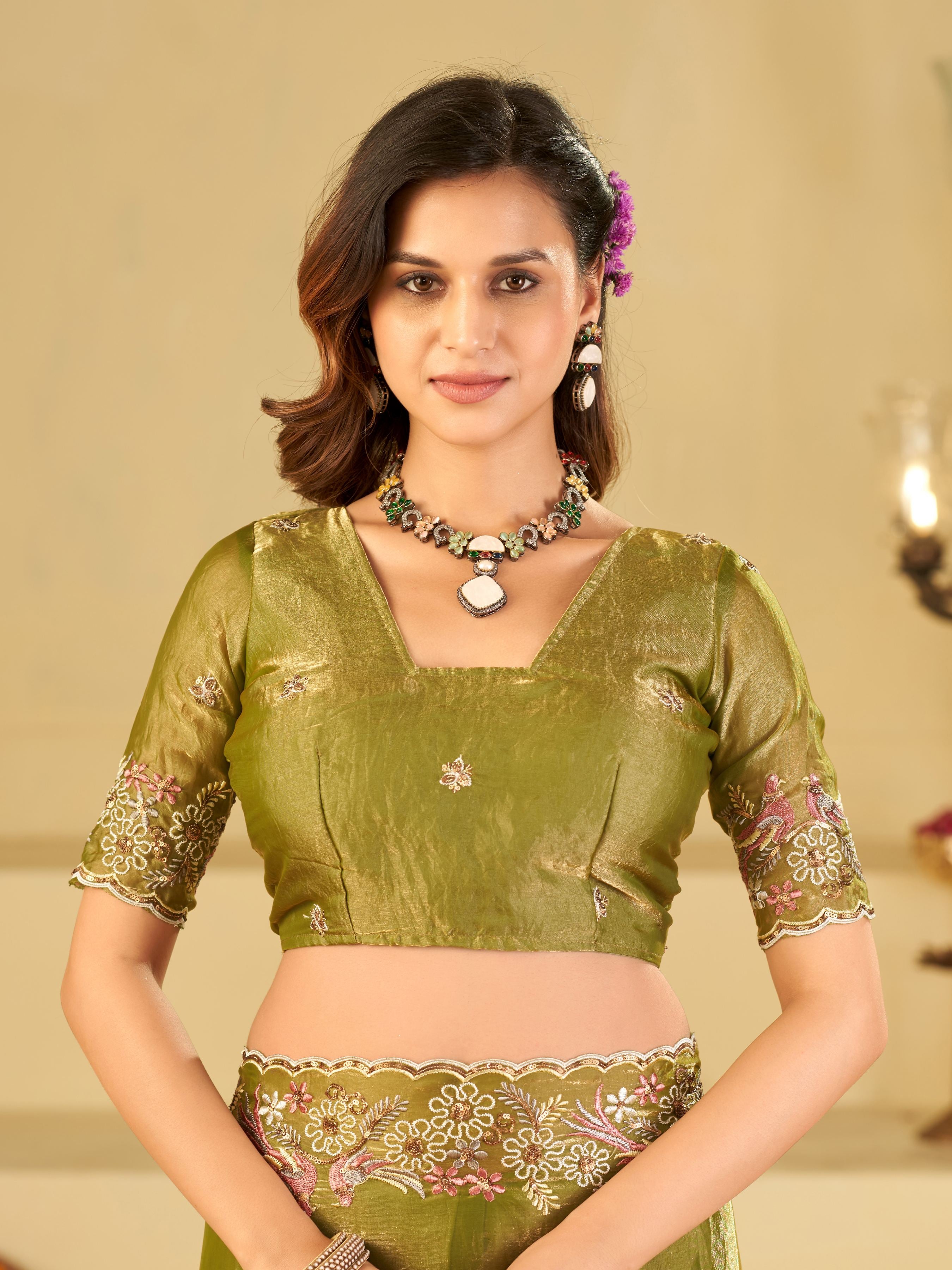 Olive Green Fendy Satin Saree with Floral Embroidery Border | Designer Embroidered Party Wear Saree with Blouse