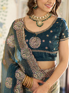 Teal Green Fendy Satin Designer Embroidered Saree with Paisley Motifs & Zari Border | Premium Festive Saree with Tassels & Heavy Embroidered Blouse