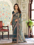 Teal Green Fendy Satin Designer Embroidered Saree with Paisley Motifs & Zari Border | Premium Festive Saree with Tassels & Heavy Embroidered Blouse