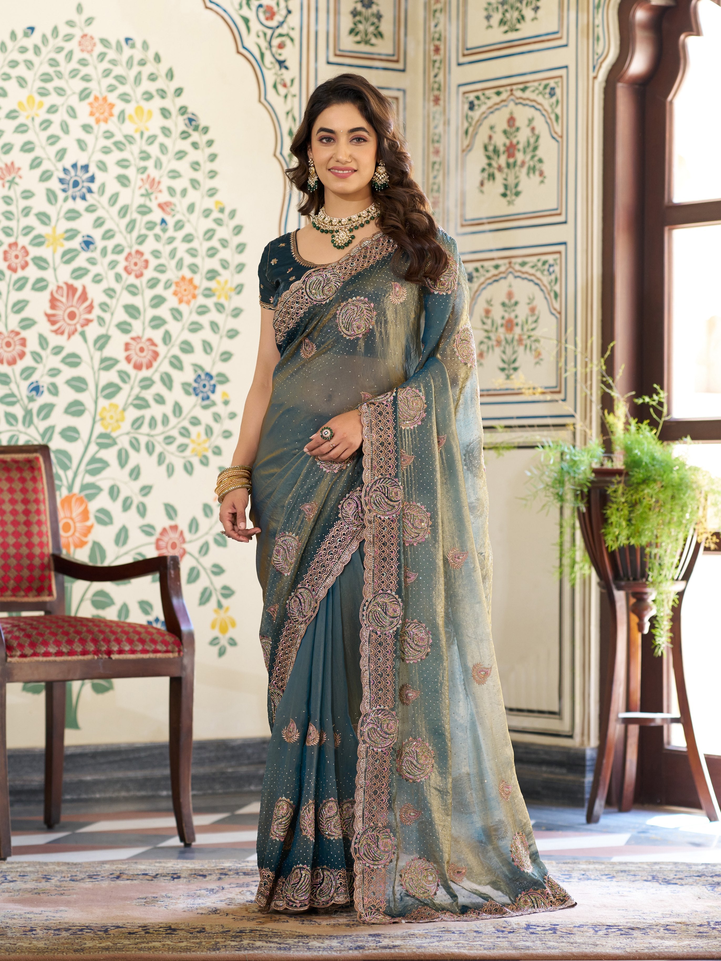 Teal Green Fendy Satin Designer Embroidered Saree with Paisley Motifs & Zari Border | Premium Festive Saree with Tassels & Heavy Embroidered Blouse