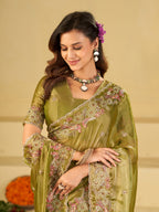 Olive Green Fendy Satin Saree with Floral Embroidery Border | Designer Embroidered Party Wear Saree with Blouse