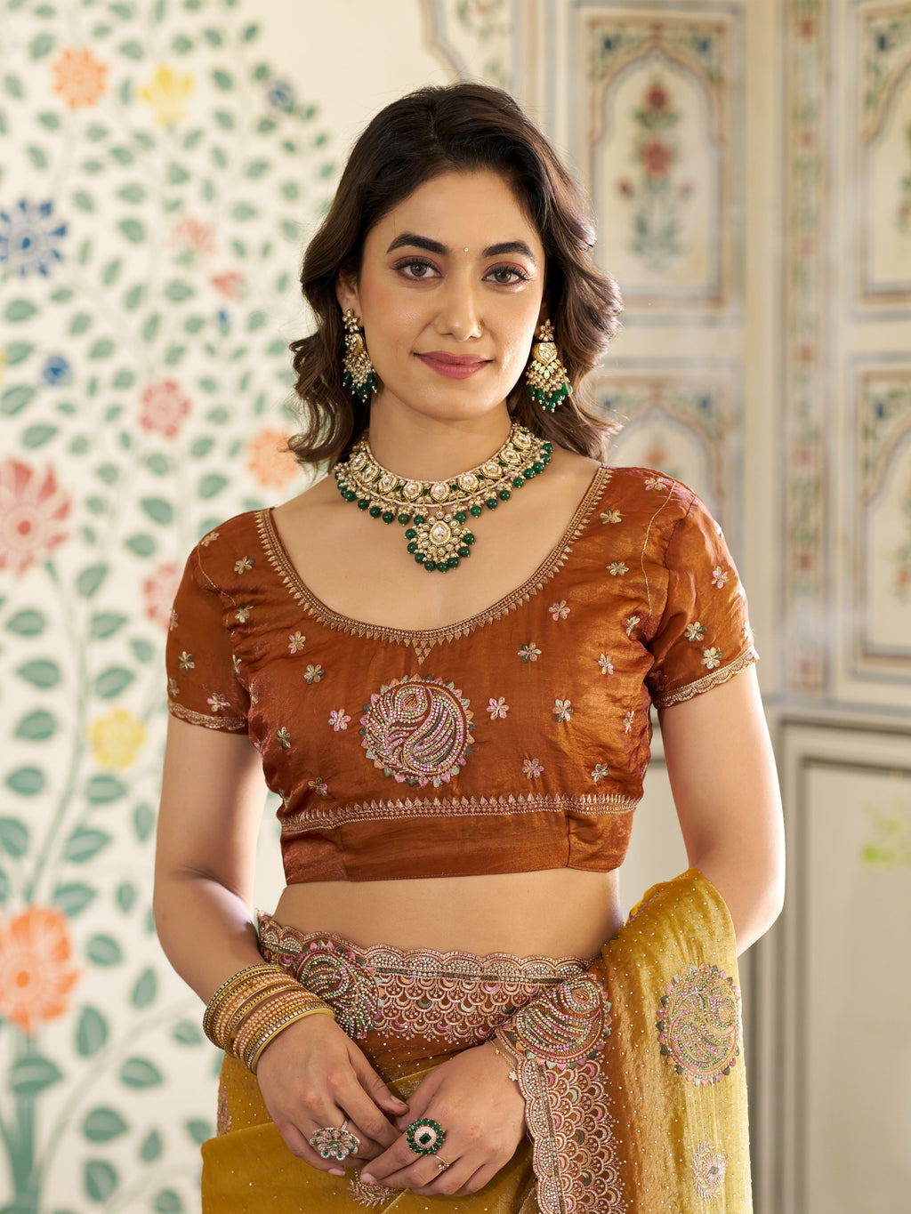 Dual Tone Mustard Yellow & Rust Fendy Satin Embroidered Saree with Paisley Motifs & Zari Border | Designer Festive Saree with Tassels & Heavy Embroidered Blouse