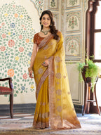 Dual Tone Mustard Yellow & Rust Fendy Satin Embroidered Saree with Paisley Motifs & Zari Border | Designer Festive Saree with Tassels & Heavy Embroidered Blouse