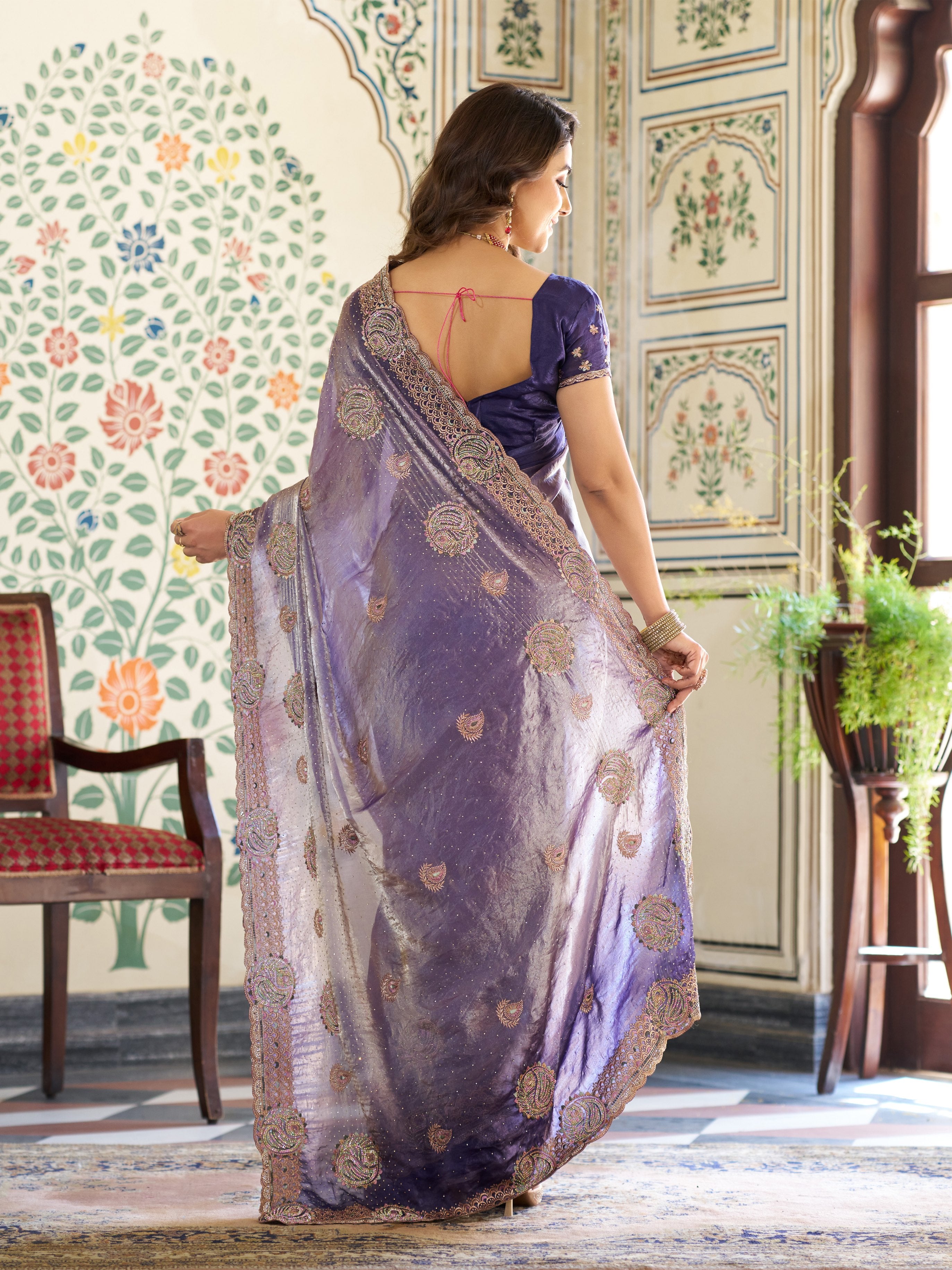 Royal Lavender Purple Fendy Satin Embroidered Saree with Paisley Motifs & Zari Border | Designer Festive Saree with Tassels & Heavy Embroidered Blouse