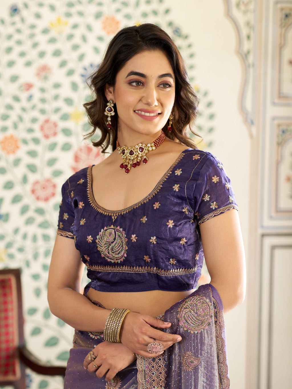Royal Lavender Purple Fendy Satin Embroidered Saree with Paisley Motifs & Zari Border | Designer Festive Saree with Tassels & Heavy Embroidered Blouse