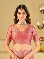 Blush Pink Fendy Satin Saree with White Floral Embroidery Border | Elegant Designer Party Wear Saree with Blouse