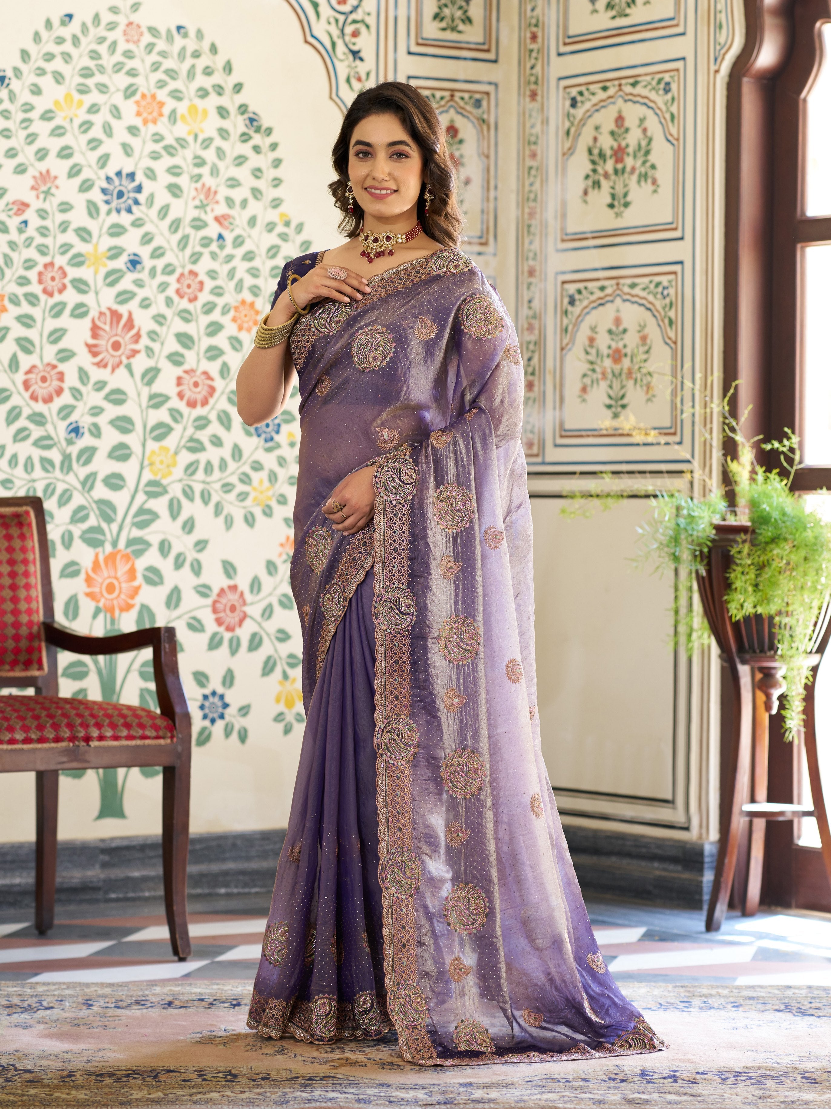 Royal Lavender Purple Fendy Satin Embroidered Saree with Paisley Motifs & Zari Border | Designer Festive Saree with Tassels & Heavy Embroidered Blouse