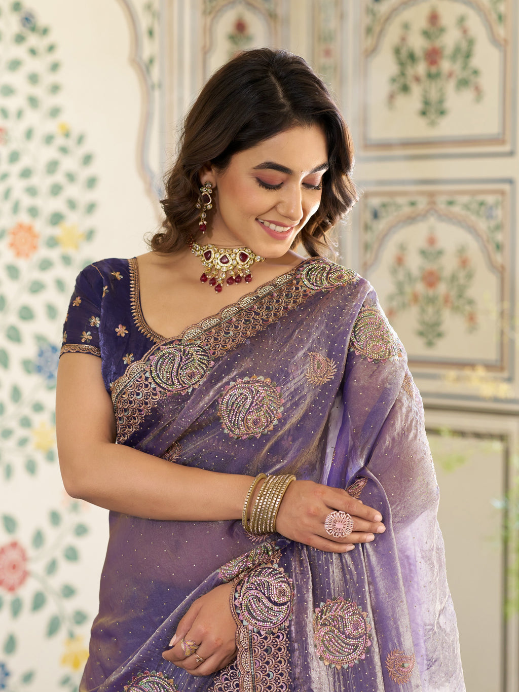 Royal Lavender Purple Fendy Satin Embroidered Saree with Paisley Motifs & Zari Border | Designer Festive Saree with Tassels & Heavy Embroidered Blouse