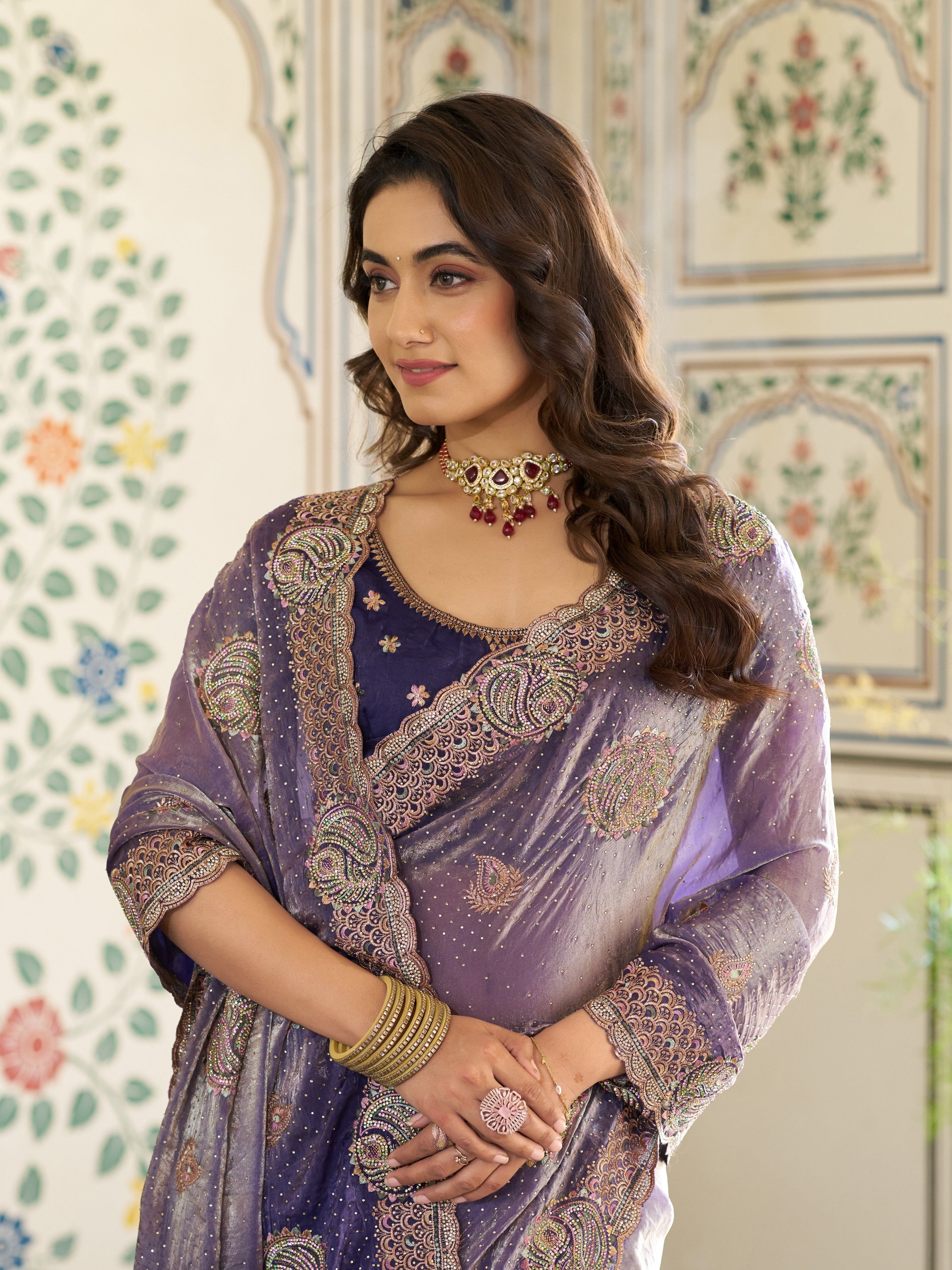 Royal Lavender Purple Fendy Satin Embroidered Saree with Paisley Motifs & Zari Border | Designer Festive Saree with Tassels & Heavy Embroidered Blouse