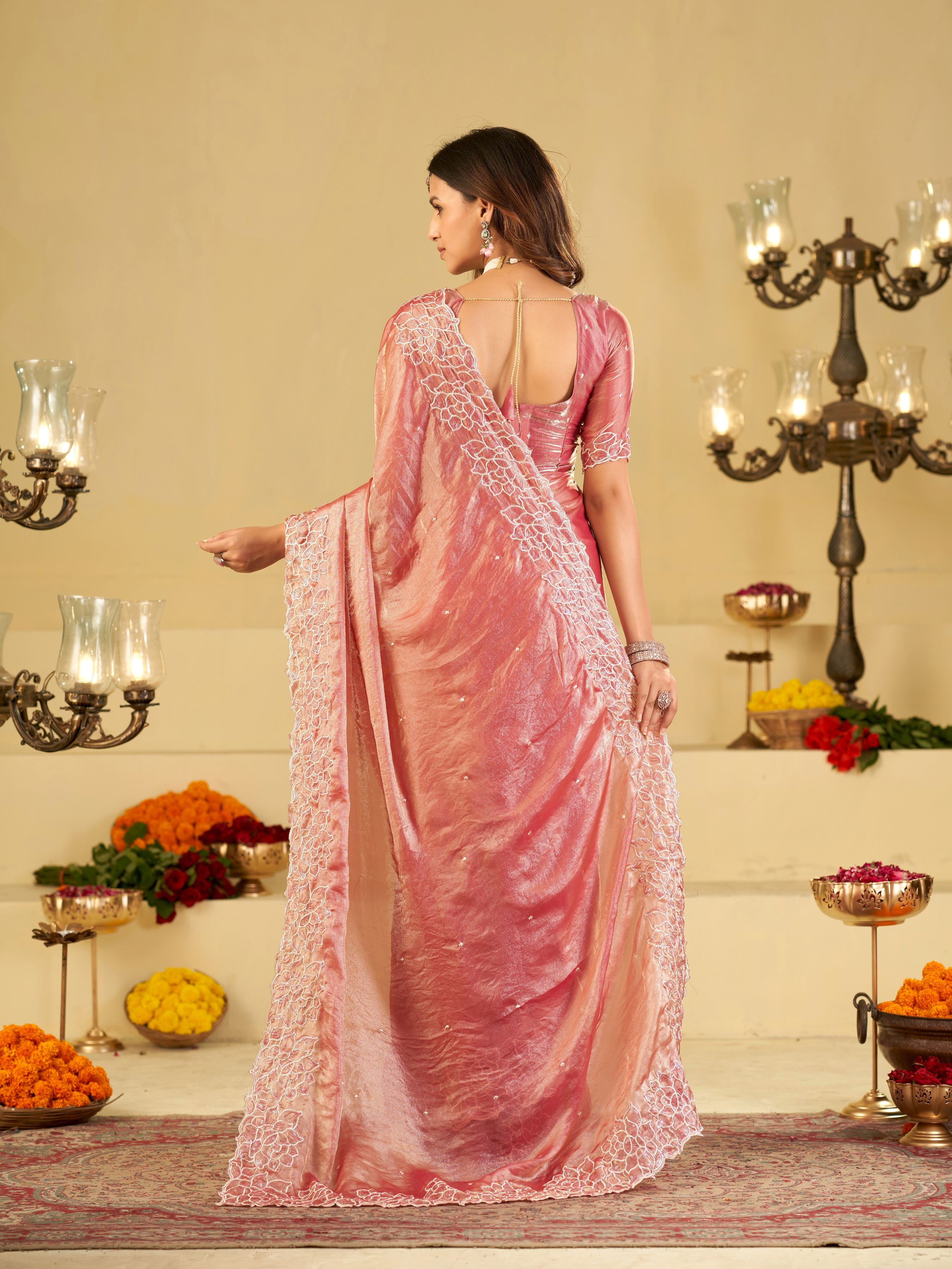 Blush Pink Fendy Satin Saree with White Floral Embroidery Border | Elegant Designer Party Wear Saree with Blouse