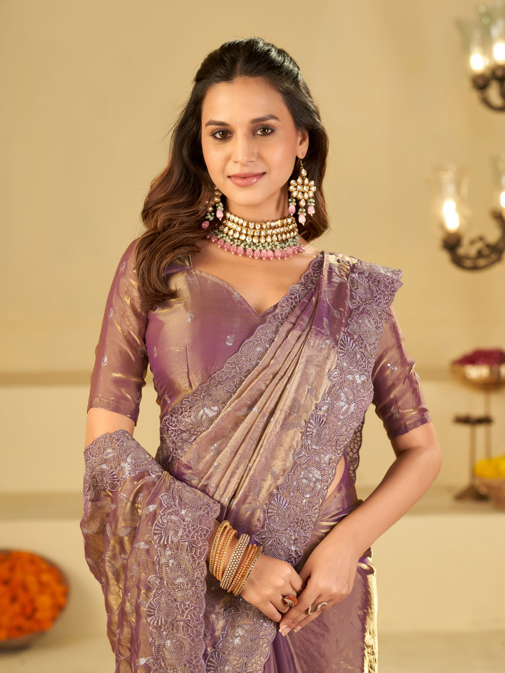 Lavender Designer Fendy Satin Saree with Heavy Embroidered Border | Premium Party Wear Embroidered Saree with Blouse