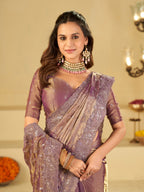 Lavender Designer Fendy Satin Saree with Heavy Embroidered Border | Premium Party Wear Embroidered Saree with Blouse