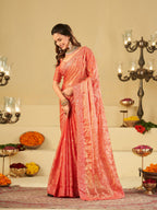Peach Pink Designer Fendy Satin Saree with Heavy Embroidered Border | Premium Festive Party Wear Embroidered Saree with Blouse