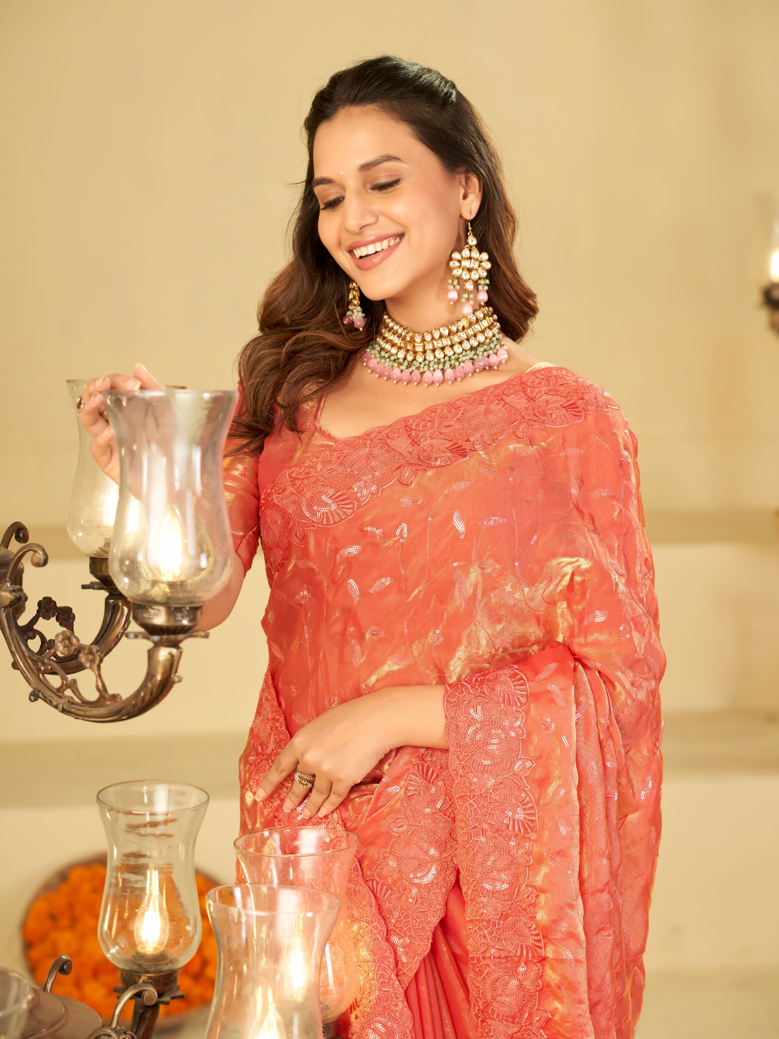 Peach Pink Designer Fendy Satin Saree with Heavy Embroidered Border | Premium Festive Party Wear Embroidered Saree with Blouse