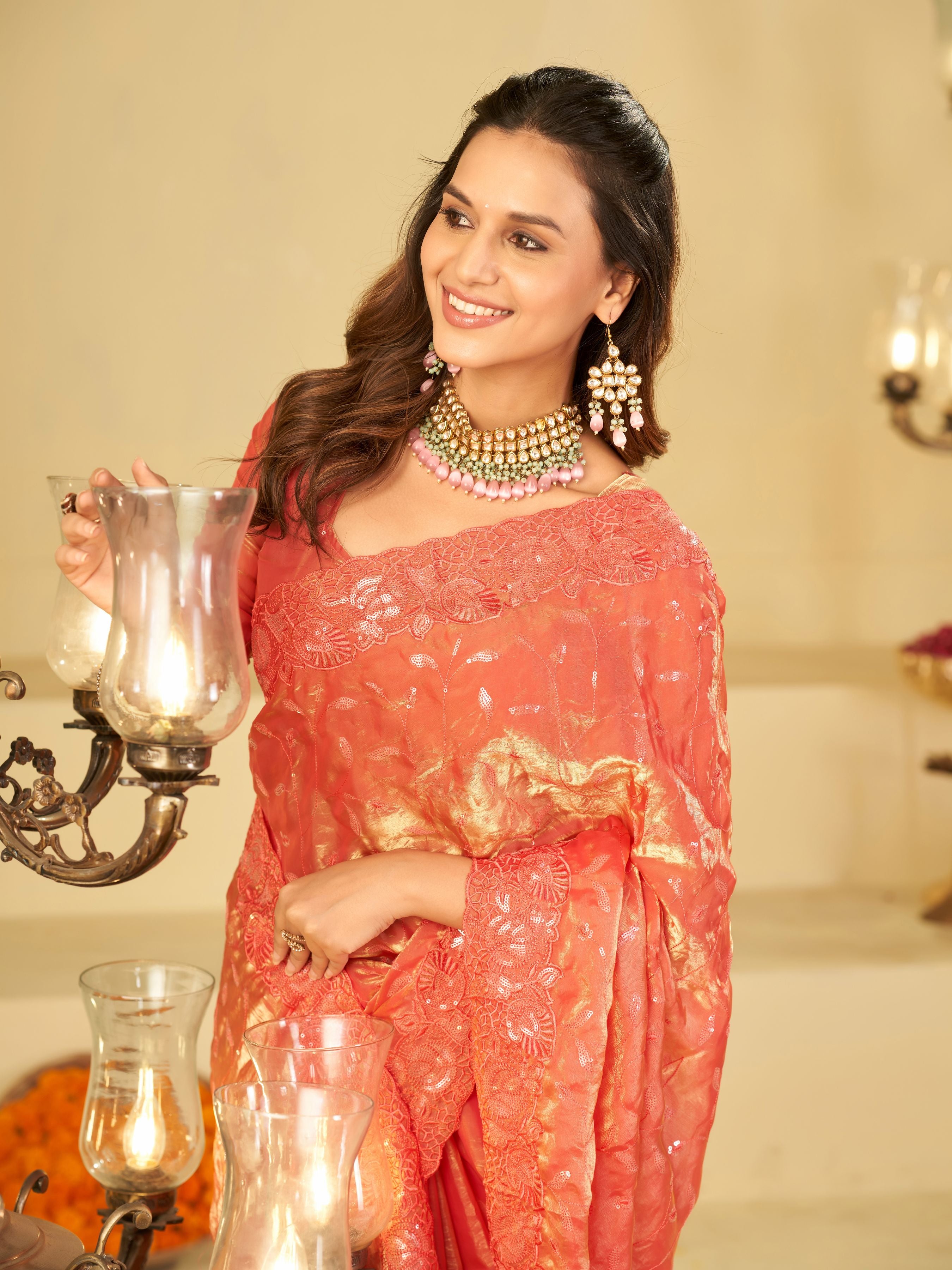 Peach Pink Designer Fendy Satin Saree with Heavy Embroidered Border | Premium Festive Party Wear Embroidered Saree with Blouse