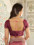 Dual Tone Rose Pink & Wine Fendy Satin Embroidered Saree with Floral Motifs & Zari Border | Designer Festive Saree with Tassels & Heavy Embroidered Blouse