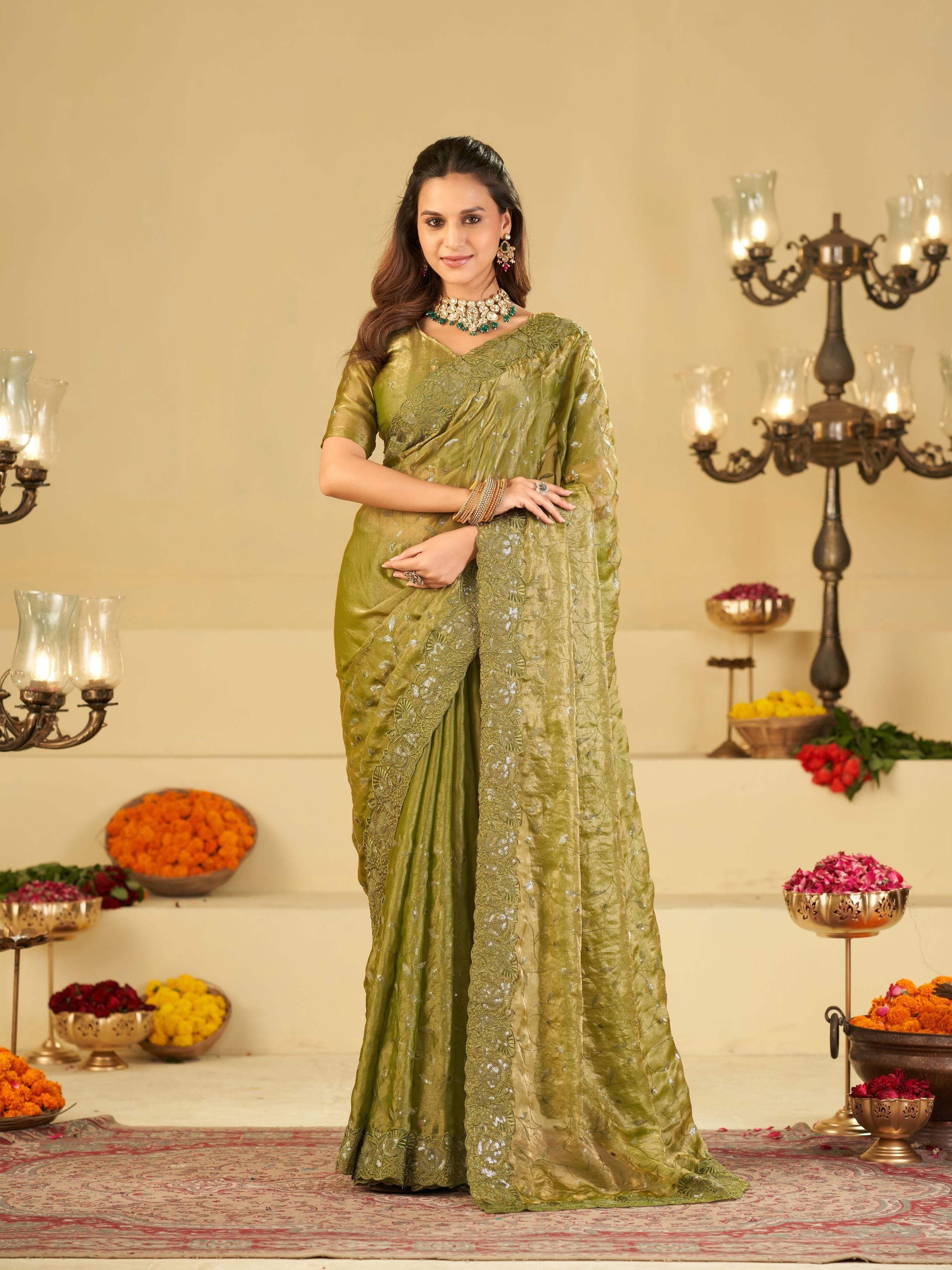 Olive Green Designer Fendy Satin Saree with Heavy Embroidered Border | Premium Festive Party Wear Saree with Blouse