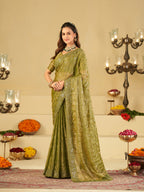 Olive Green Designer Fendy Satin Saree with Heavy Embroidered Border | Premium Festive Party Wear Saree with Blouse