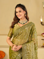 Olive Green Designer Fendy Satin Saree with Heavy Embroidered Border | Premium Festive Party Wear Saree with Blouse